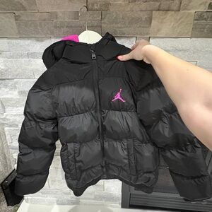 Black Puffer Jacket with Pink Logo